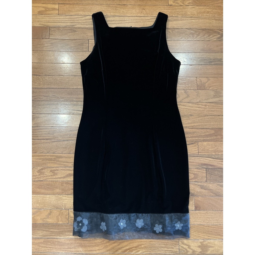 Vintage Molly Malloy Evening Black Velvet Dress Sz 12 Sheer Floral Hem Y2K